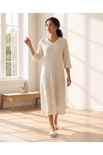 REDTAG Women Cream Long Sleeves Knit Nightgown