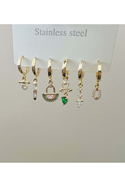 ACAR TAKI Steel 6-Piece Green Color, Hanging Earring Set-Gold Color Acr9014