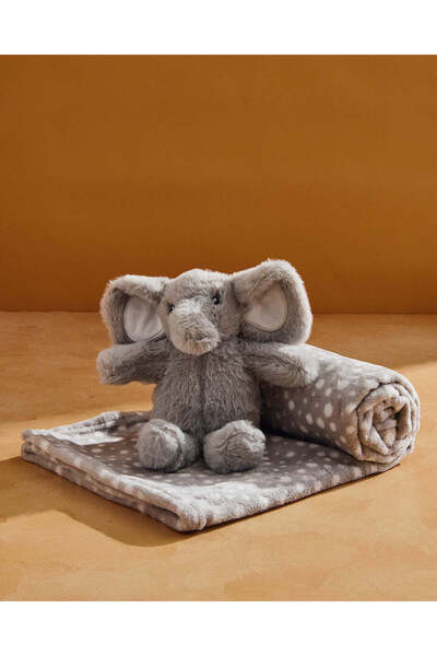 REDTAG Baby Grey Blanket With Elephant Toy (2 Piece)