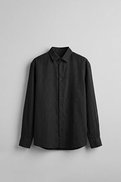 ablukaonline Men's Regular Fit Linen Basic Long Sleeve Shirt Black