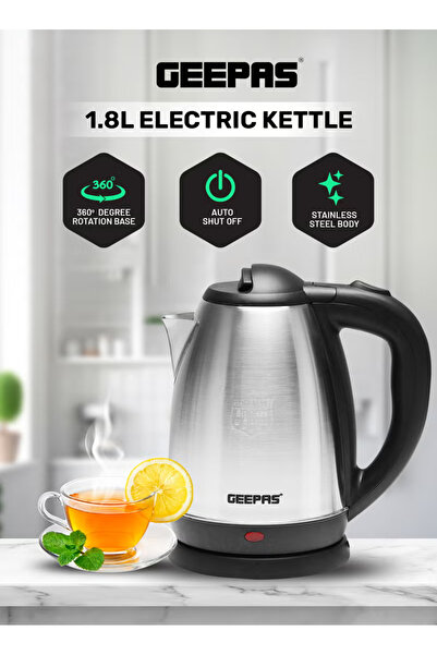 Geepas 1.8L Electric Kettle | 1500W | Auto Shut-Off | SS | Silver/Black GK5454B