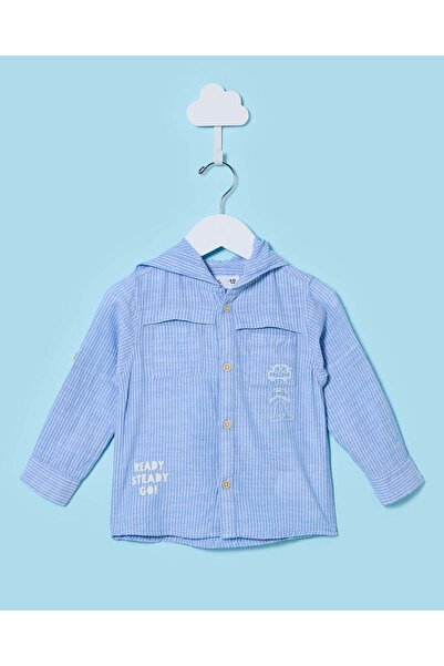 REDTAG Infant Boys Blue Striped Hooded Shirt