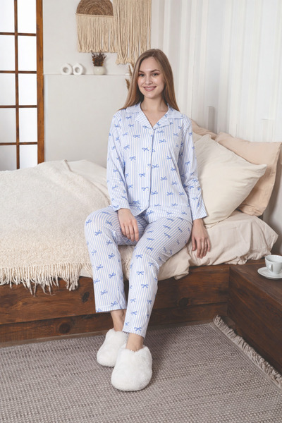 CASPARA Women's Blue Bow Patterned Buttoned Cotton Ultrasoft Pajama Set Relax...
