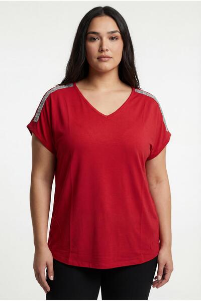 Ebsumu Women's Plus Size Red Blouse with Stones on the Shoulders