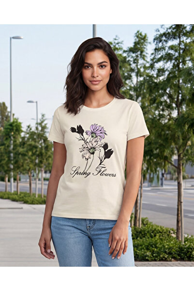 REDTAG تيشيرت نسائي بأكمام قصيرة مطبوع عليه زهور باللون العاجي