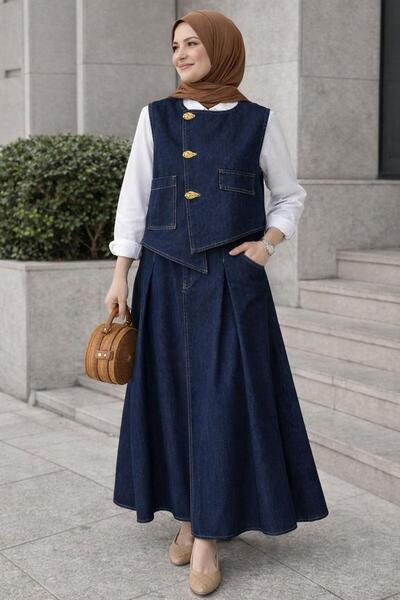 FASHION JANE Denim Asimetrik Düğme Detaylı Yelek Etek Tesettür Alt Üst Takım