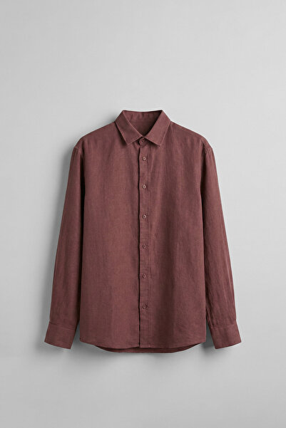 ablukaonline Men's Regular Fit Linen Basic Long Sleeve Shirt Brown