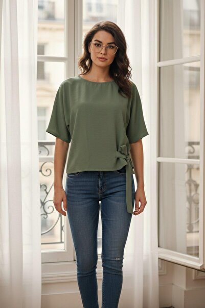 Mossta Side Tie Detail Bat Sleeve Aerobin Blouse - Green