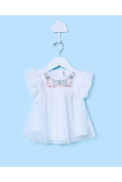 REDTAG Infant Girls White Embroidered Mesh Top