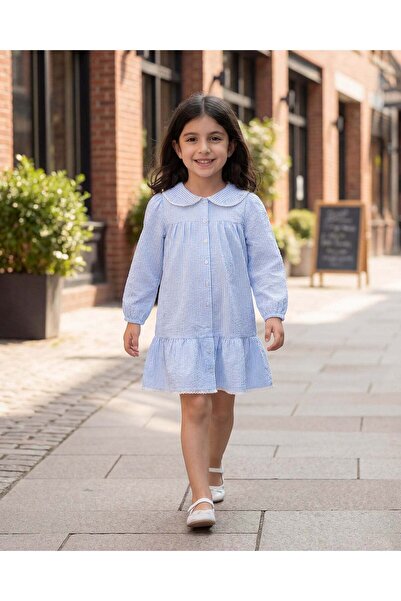 REDTAG Girls Blue & White Striped Seersucker Dress