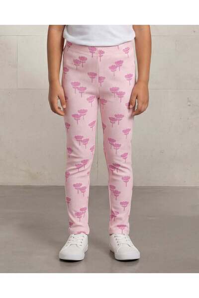 REDTAG Girls Beige Cherry Allover Print Rib Leggings