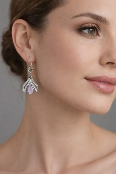 Agai Silver Yaprak Model Pembe Kuvars Taşlı Telkari El İşçiliği 925 Ayar Gümü...