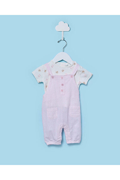 REDTAG Infant Girls Pink Stripe Seersucker Dungaree Set with AOP T-Shirt