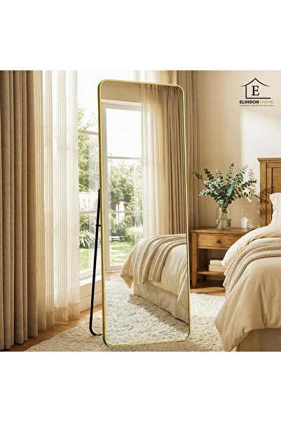 Elindor ® Decorative Gold Floor Mirror, Vertical, Rectangular, Rounded Corner...