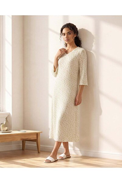 REDTAG Women Beige Long Sleeves Knit Nightgown