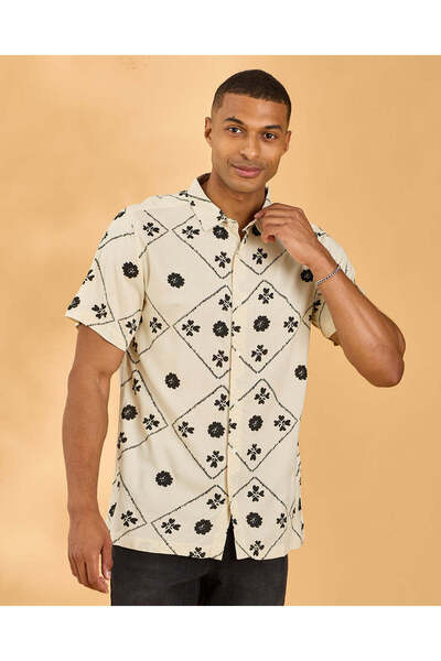 REDTAG Men Beige Allover Print Viscose Short Sleeve Shirt