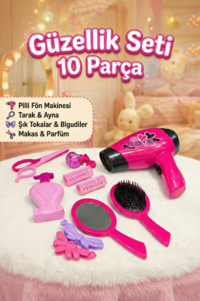 craftivio 10 Parça Pilli Fön Makineli Kız Çocuk Güzellik ve Kuaför Seti