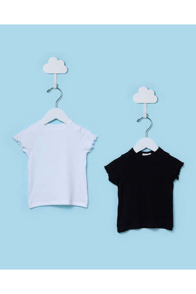 REDTAG تيشيرت أسود وأبيض مضلع للبنات الصغيرات