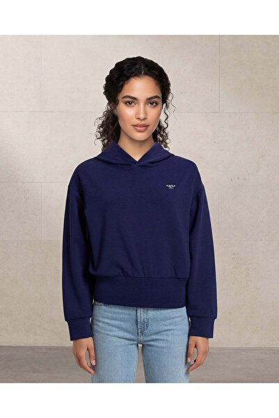 REDTAG Women Navy Hooded Pullover Sweatshirt