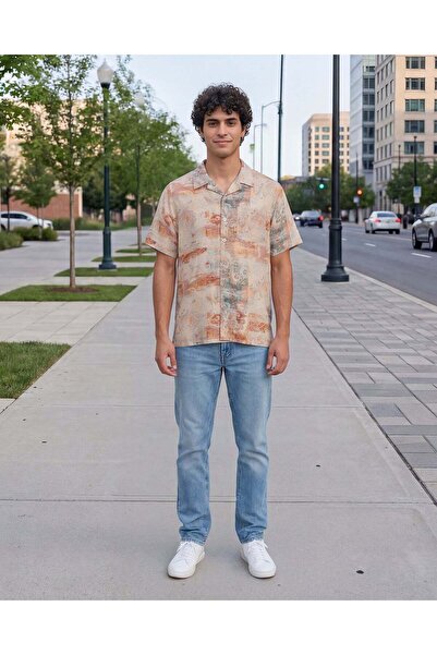 REDTAG قميص رجالي من قماش الرايون مطبوع لون الخوخ مع جيب على الصدر