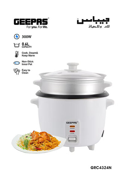 Geepas 0.6L Automatic Rice Cooker | 300W | Non-Stick Pot | Auto Shut-Off GRC4...
