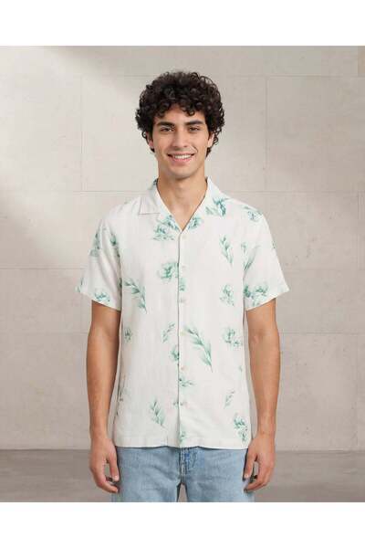 REDTAG Men Green Printed Short Sleeve Oxford Shirt