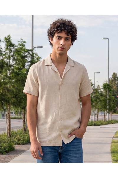 REDTAG Men’s Beige Jacquard Short Sleeve Resort Shirt