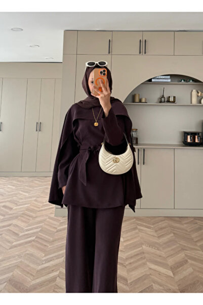 Molly Nelly Kadın Belden Bağlamalı Pelerin Detaylı Pantolonlu Tasarım Takım