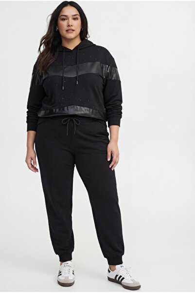 Ebsumu Women's Plus Size Leather Detailed Stone-Embellished Tracksuit Set