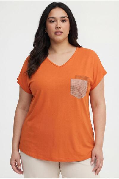 Verdavia Women's Plus Size Pocket Print Detail Orange Blouse