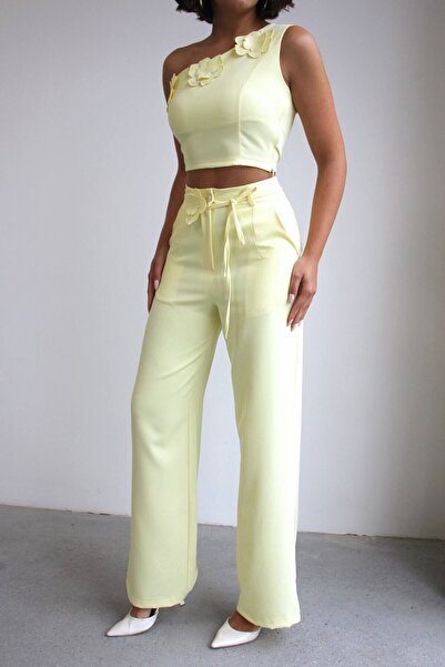 bacc Yellow Accessory Detailed Blouse and Trousers Woven Bottom Top Set Bchn-...