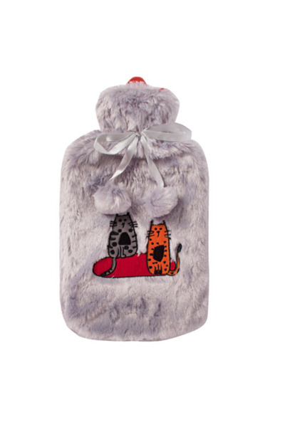 esdekor Cats Gray Plush Hot Water Bag, Soft Cover, 2 L, Cat Design, 20X35, Wa...