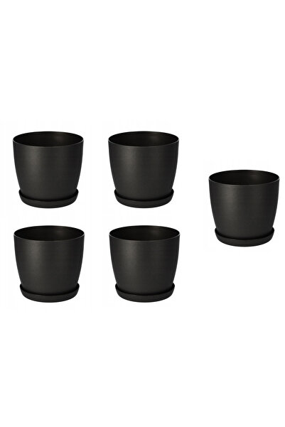 OEM Set 5 ghivece pentru flori cu farfurie, 8.5 x 9.5 x 6 cm, plastic, negru
