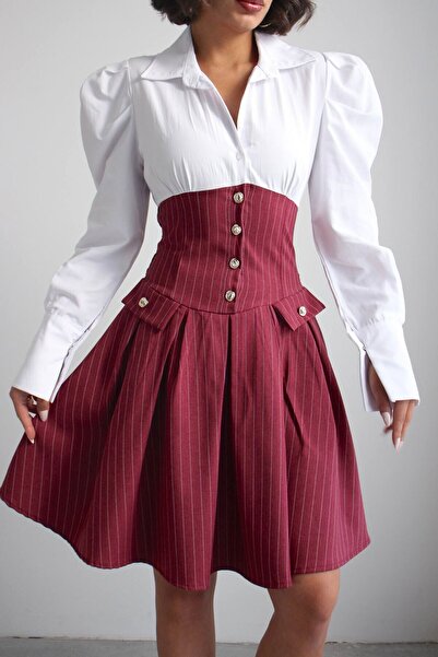 bacc Burgundy Pleated Striped Woven Shirt Dress Bchn-2526115