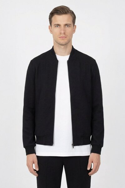 Sabri Özel Giotelli Black Bomber Style Dobby Slim Fit Knitwear Collar Zippere...
