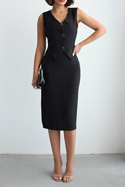 bacc Black Tensel Fabric Vest and Dress 2-Piece Set Model Dress Bchn-2526108