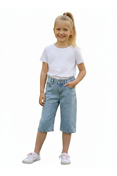 Roza Kız Çocuk Kalp Desenli Denim Kapri - Açık Mavi-7889