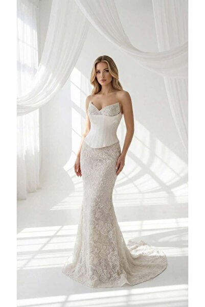 aşkın göksu Kemik Straplez Yaka Beden Boncuk İşlemeli Dantel Ve Saten Kombinl...