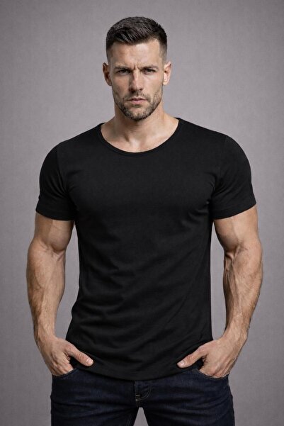 Men's Black Oval Skirt Regular Wide Neck Cotton Slim Fit Short Sleeve T-ShirtT-shirt