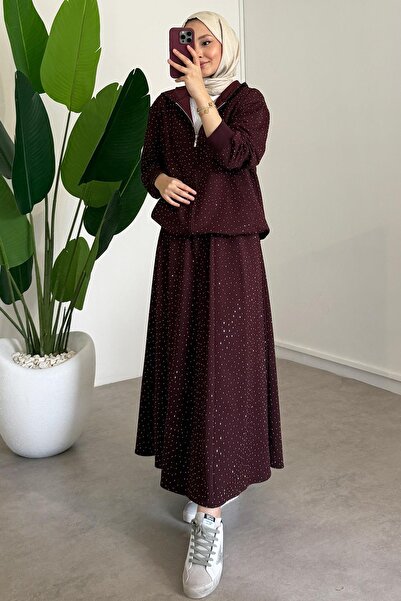 SİNDAL Taşlı Etekli Takım - Bordo