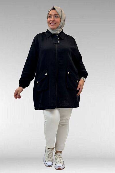 Eslina 63001 Büyük Beden Cep Ve Patı Çıtçıt Detaylı Müslin Ceket - Siyah