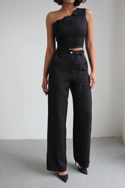 bacc Black Accessory Detailed Blouse and Trousers Woven Bottom Top Set Bchn-2...