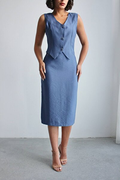 bacc Women's Blue Tencel Fabric Self-Vest Model Woven Dress Bchn-2526108