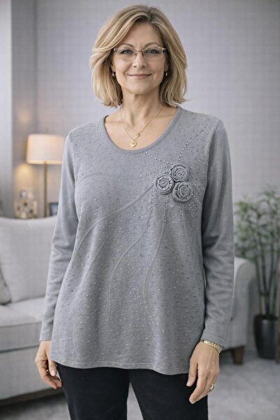 Sarıay Triko Yellow Collar Rose Detailed Mercerized Sweater