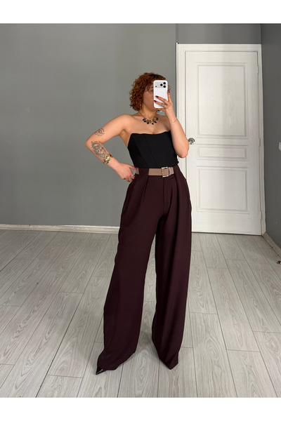 Bak'ap Premium Trend Bridge Detail Suede Belted Wide Leg Fabric Trousers