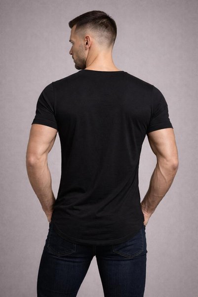 BYBÜLENT Men's Black Oval Hem Regular Wide Collar Cotton Slim Fit Short Sleeve T-Shirt T-Shirt