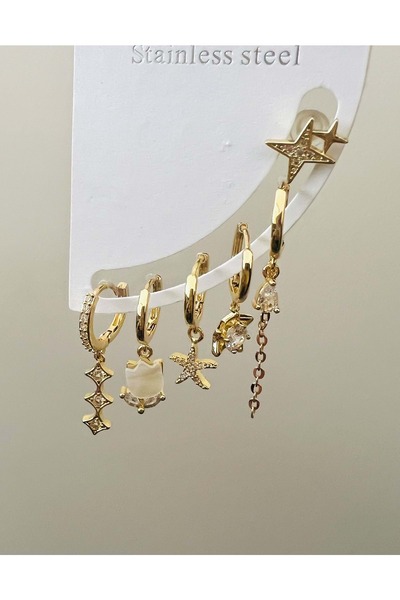 ACAR TAKI Steel 6-Piece Tulip and Star Earring Set-Gold Color Acr9020