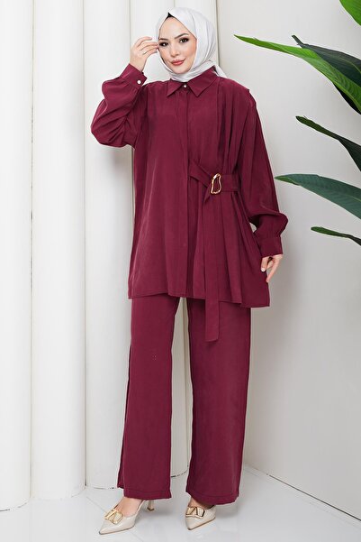 hafsamina Side Buckle Double Suit Set Claret Red Hm2882