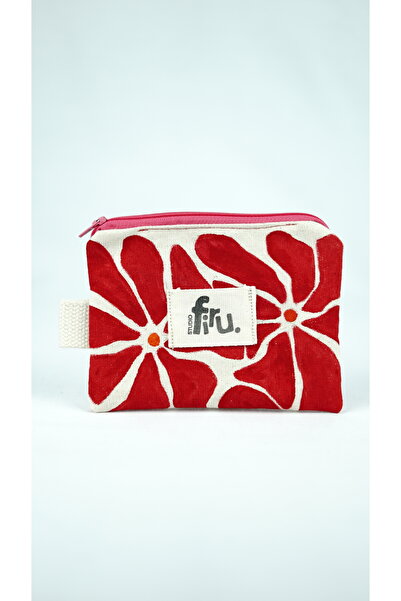 Studio Firu Kırmızı Retro Çiçekli Pembe Fermuarlı Bez Cüzdan - Elde Boyama - ...