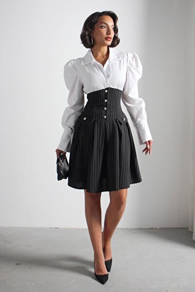 bacc Black Pleated Striped Woven Shirt Dress Bchn-2526115